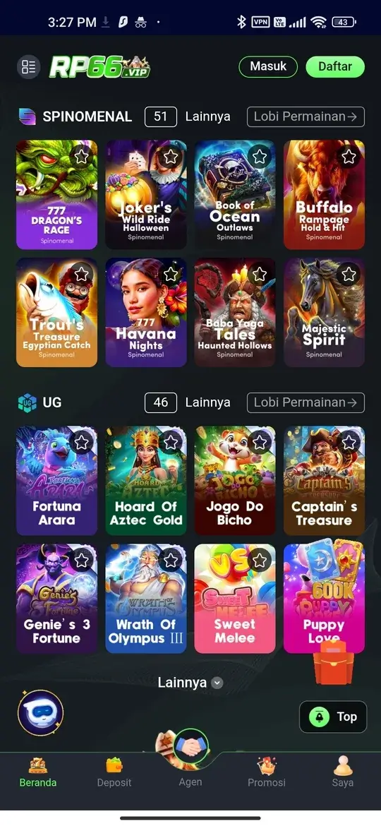 RP66 APK halaman beranda dengan daftar slot Spinomenal dan UG